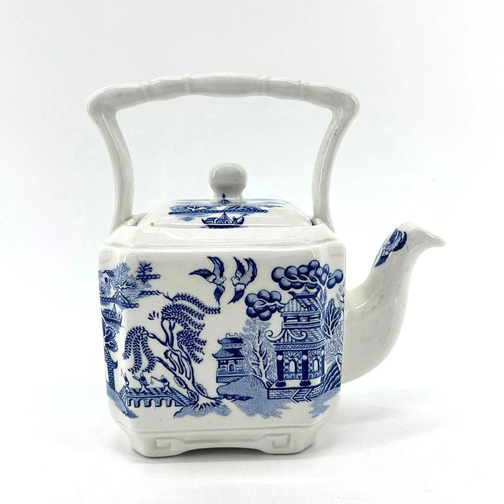 Churchill Blue Willow Chinoiserie Ceramic Teapot Blue White Pagoda Square Base